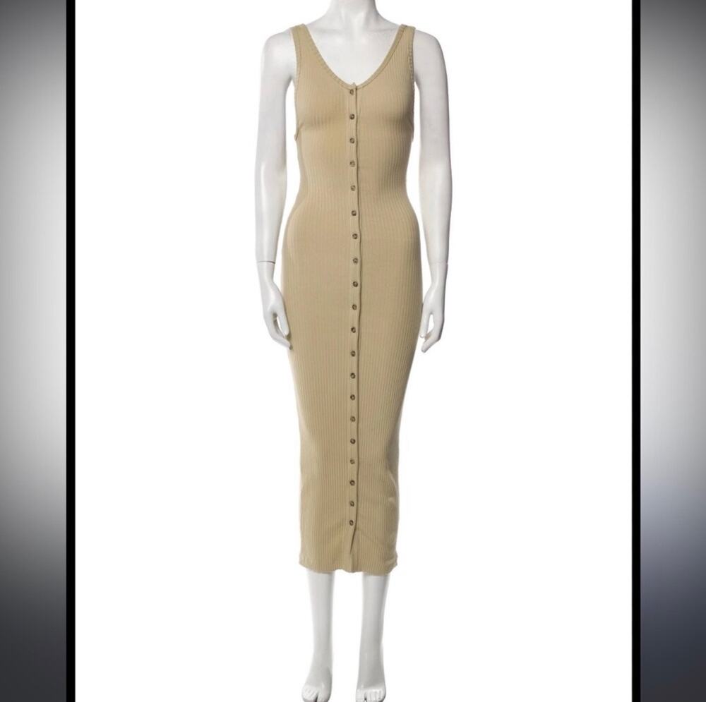 The Line By K Ribbed Button Down Bodycon Dress Stretch Cotton Beige Women Size S